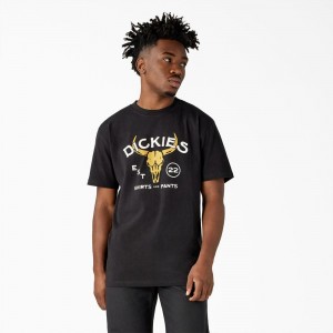 Black Men's Dickies Bull Skull Heavyweight T-Shirt | KXG134809