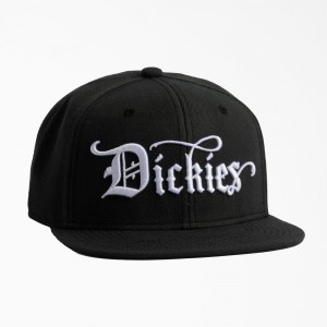 Black Men's Dickies Embroidered Flat Brim Hat | DLR187356