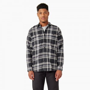 Black Men's Dickies FLEX Long Sleeve Flannel Shirt | QZI056394