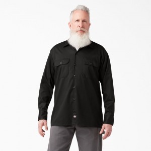 Black Men's Dickies FLEX Relaxed Fit Long Sleeve Work Shirts | HEL802945