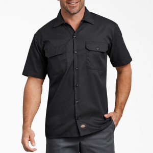 Black Men's Dickies FLEX Relaxed Fit Short Sleeve Work Shirts | ORH253064