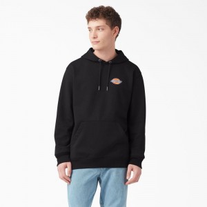 Black Men's Dickies Fleece Embroidered Chest Logo Hoodie | XJF612098