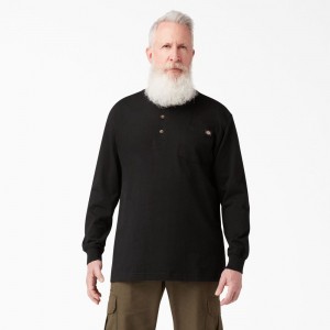 Black Men's Dickies Heavyweight Long Sleeve Henley T-Shirt | XTA795638