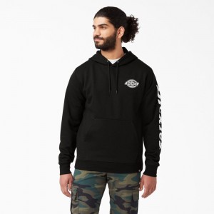 Black Men's Dickies Logo Sleeve Fleece Hoodie | YSG025467