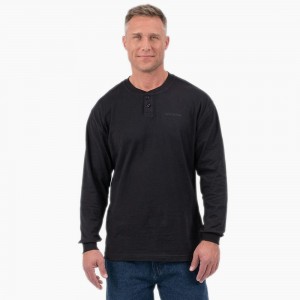 Black Men's Dickies Long Sleeve Henley T-Shirt | VKB058376