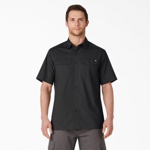 Black Men's Dickies Short Sleeve Ripstop Work Shirts | DRT574123