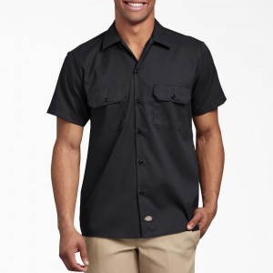 Black Men's Dickies Slim Fit Short Sleeve Work Shirts | UTY129784