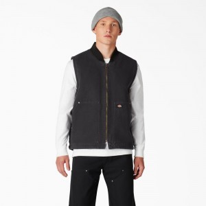 Black Men's Dickies Stonewashed Duck High Pile Fleece Lined Vest | BQA263849