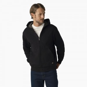 Black Men's Dickies Thermal Lined Full-Zip Fleece Hoodie | YWF849063