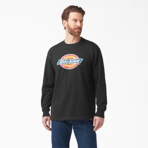 Black Men's Dickies Tri-Color Logo Graphic Long Sleeve T-Shirt | IXL134876