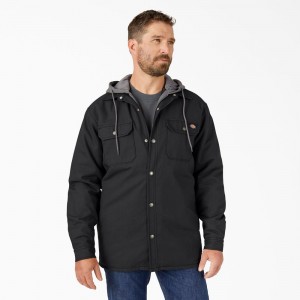 Black Men's Dickies Water Repellent Duck Hooded Shirt Jacket | DIW204397