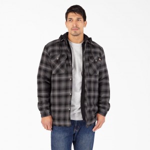 Black Men's Dickies Water Repellent Flannel Hooded Shirt Jacket | MZH012659