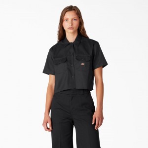 Black Women's Dickies Cropped Work Shirts | RXP702581