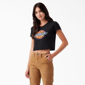 Black Women's Dickies Distressed Logo Cropped T-Shirt | PUB026819