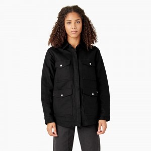 Black Women's Dickies Duck High Pile Fleece Lined Chore Coat Jacket | KVN281093