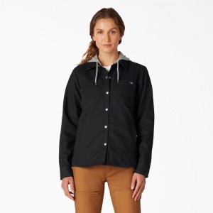 Black Women's Dickies Duck Hooded Shirt Jacket | PGK501823