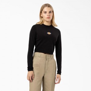 Black Women's Dickies Maple Valley Logo Long Sleeve Cropped T-Shirt | VCL750392