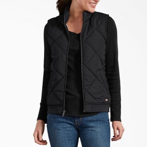 Black Women's Dickies Quilted Vest | PBR637501