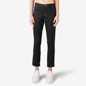 Black Women's Dickies Slim Straight Fit Roll Hem Carpenter Pants | QKX405231