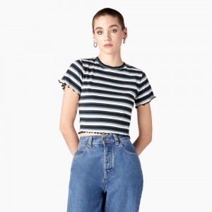 Black Women's Dickies Striped Cropped Baby T-Shirt | GAV392704