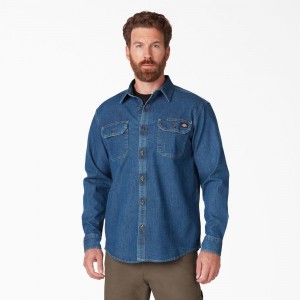 Blue Men's Dickies FLEX Denim Long Sleeve Shirt | HDB576901