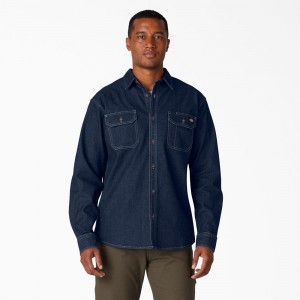 Blue Men's Dickies FLEX Denim Long Sleeve Shirt | VSF974310