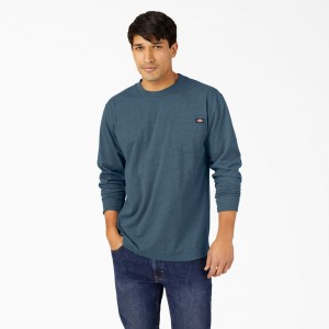 Blue Men's Dickies Heavyweight Heathered Long Sleeve Pocket T-Shirt | BPW028397