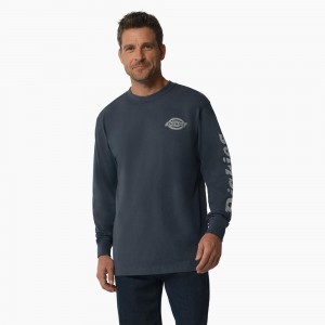 Blue Men's Dickies Long Sleeve Heavyweight Logo T-Shirt | GQF924167