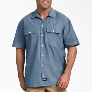 Blue Men's Dickies Relaxed Fit Short Sleeve Chambray Shirt | AKR126837