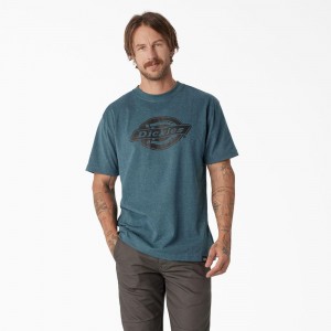 Blue Men's Dickies Short Sleeve Heavyweight Logo T-Shirt | LES982670