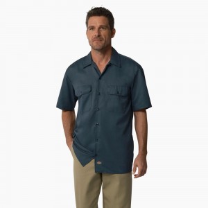 Blue Men's Dickies Short Sleeve Work Shirts | ELK586012