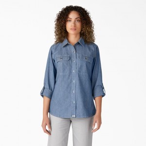 Blue Women's Dickies Chambray Roll-Tab Work Shirts | HRD269017