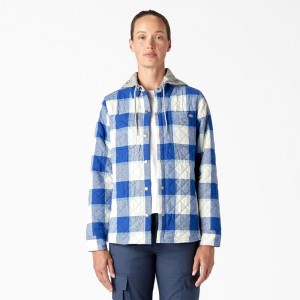 Blue Women's Dickies Flannel Hooded Shirt Jacket | MTR064192