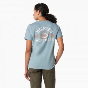 Blue Women's Dickies Heavyweight Workwear Graphic T-Shirt | CDZ302851