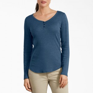 Blue Women's Dickies Henley Long Sleeve T-Shirt | KXE247165