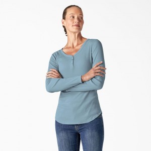 Blue Women's Dickies Henley Long Sleeve T-Shirt | MFY305724