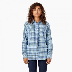 Blue Women's Dickies Plaid Flannel Long Sleeve Shirt | DVS937418