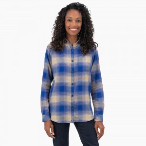 Blue Women's Dickies Plaid Flannel Long Sleeve Shirt | IBS380725