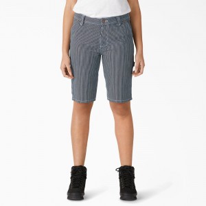 Blue Women's Dickies Relaxed Fit Hickory Stripe Carpenter Shorts | FTP749623