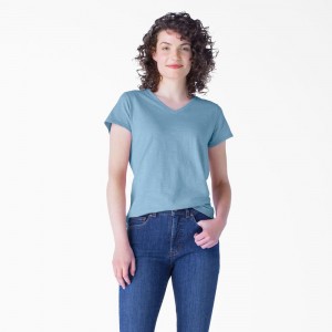 Blue Women's Dickies Short Sleeve V-Neck T-Shirt | SPR746921