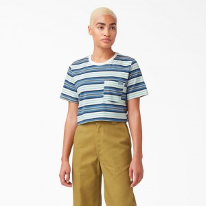 Blue Women's Dickies Striped Cropped Pocket T-Shirt | WIE134052