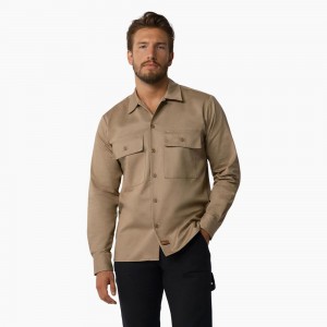 Brown Men's Dickies 1922 Premium Twill Long Sleeve Shirt | CQX405839