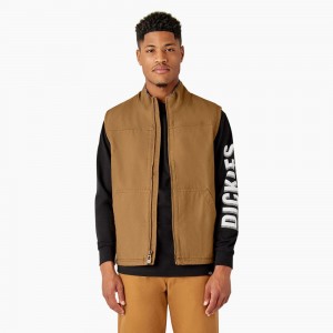 Brown Men's Dickies Duck Canvas High Pile Fleece Lined Vest | QEM038157