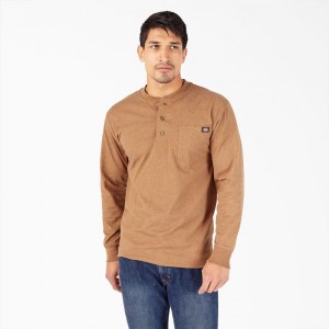 Brown Men's Dickies Heavyweight Heathered Long Sleeve Henley T-Shirt | APH675312