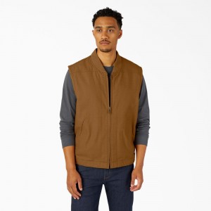 Brown Men's Dickies High Pile Fleece Lined Duck Vest | YFG238694