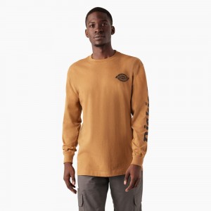 Brown Men's Dickies Long Sleeve Heavyweight Logo T-Shirt | ZEA654798