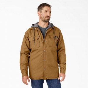 Brown Men's Dickies Water Repellent Duck Hooded Shirt Jacket | IXO937850