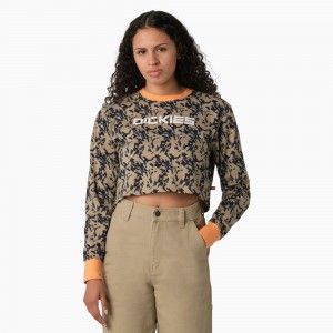 Brown Women's Dickies Camo Long Sleeve Cropped T-Shirt | TMR159638