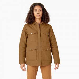 Brown Women's Dickies Duck High Pile Fleece Lined Chore Coat Jacket | PGT369140