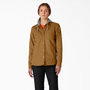 Brown Women's Dickies Duck Hooded Shirt Jacket | CET612394